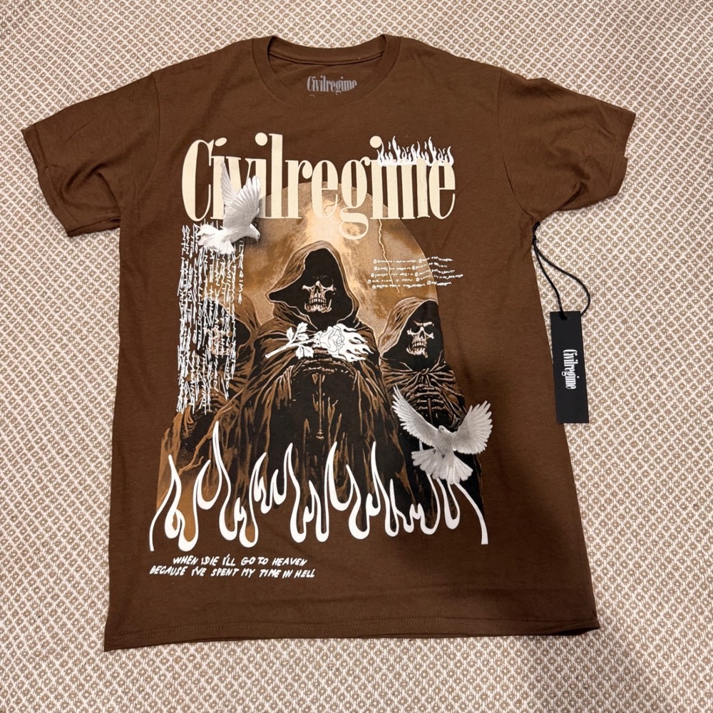 Civil Regime Brown Reaper Doves Graphic T-Shirt Mens Small NWT Streetwear Tee